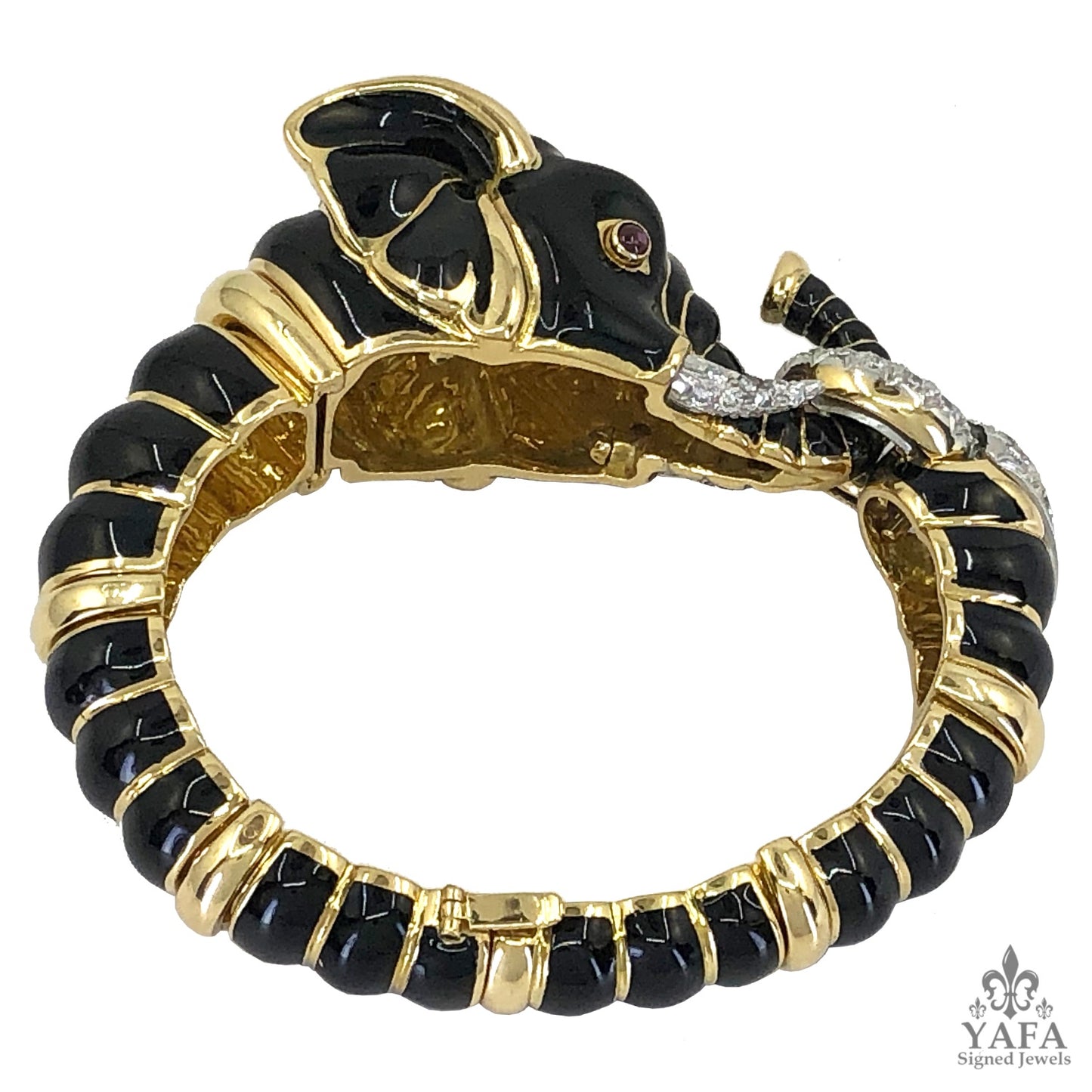 DAVID WEBB Two Tone Diamond, Emerald, Ruby Elephant Bracelet