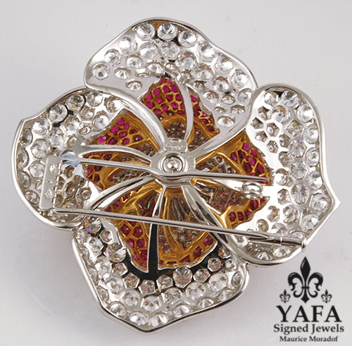 MOUAWAD Diamond, Ruby Flower Brooch
