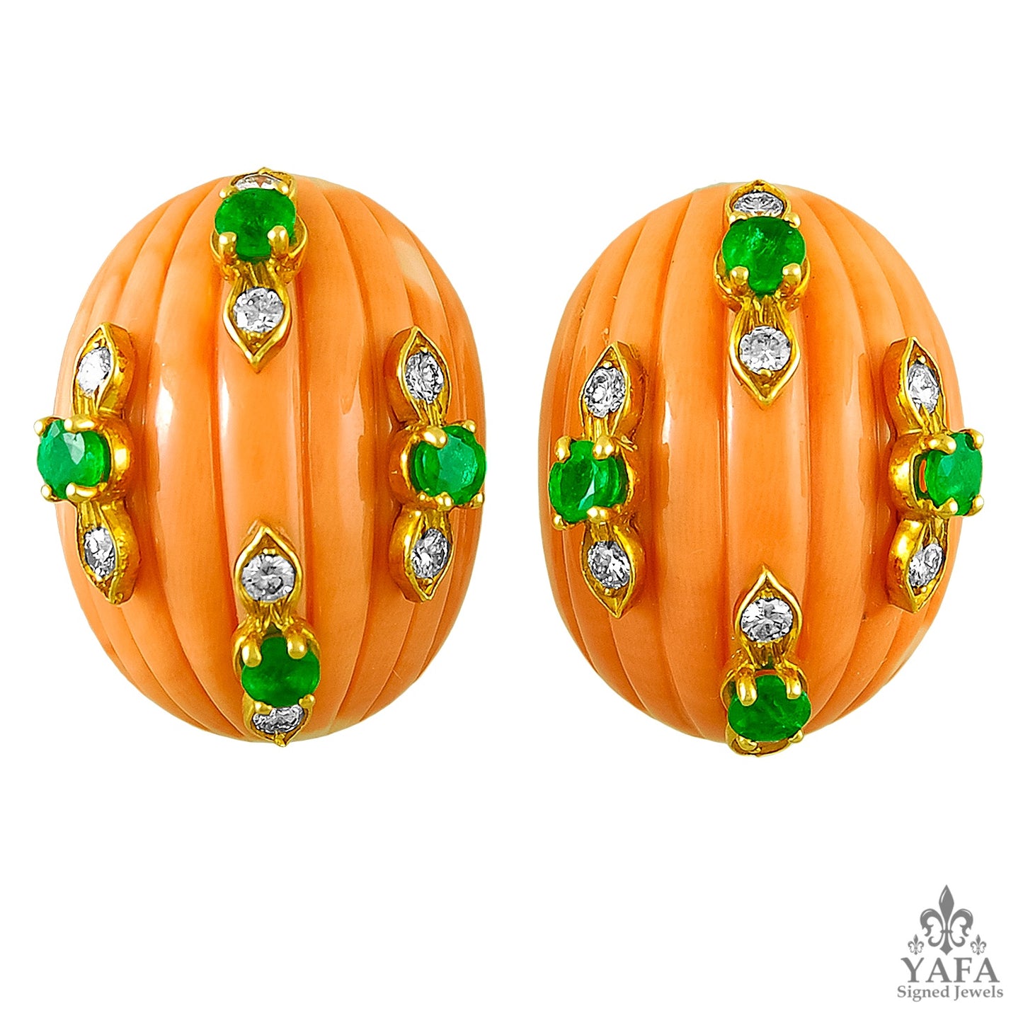 DAVID WEBB Coral, Diamond, Emerald Earrings