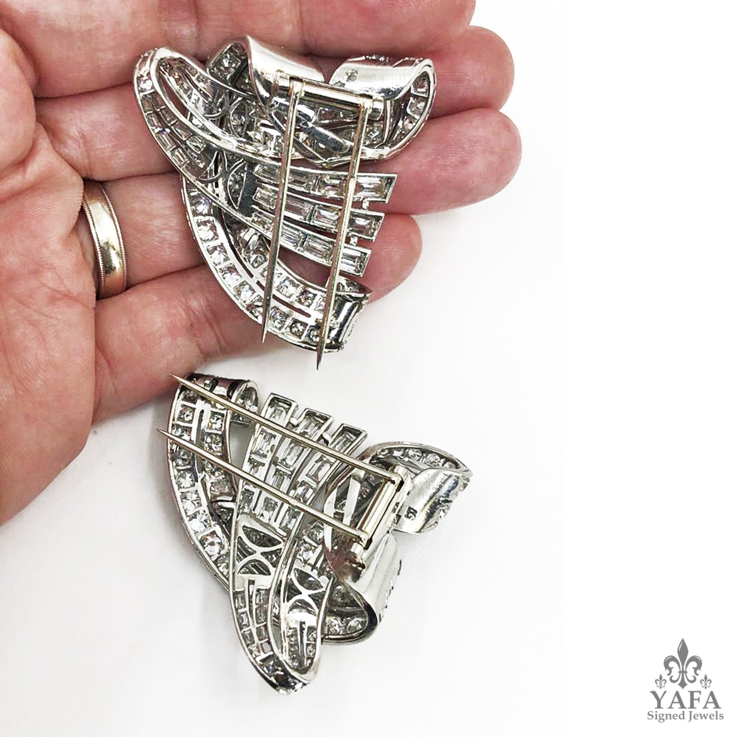 Mid-Century Diamond Double Clip Brooch Pair