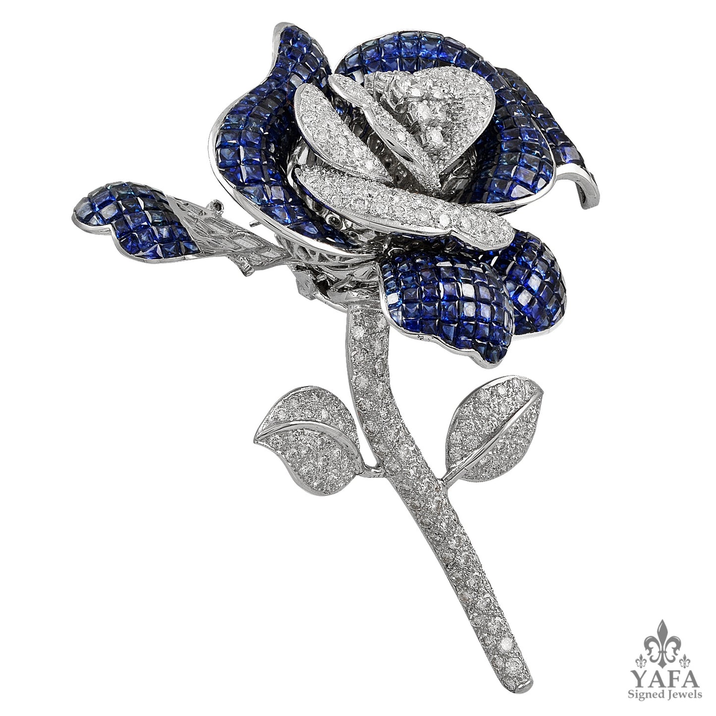 18k Gold Sapphire Diamond Rose Brooch