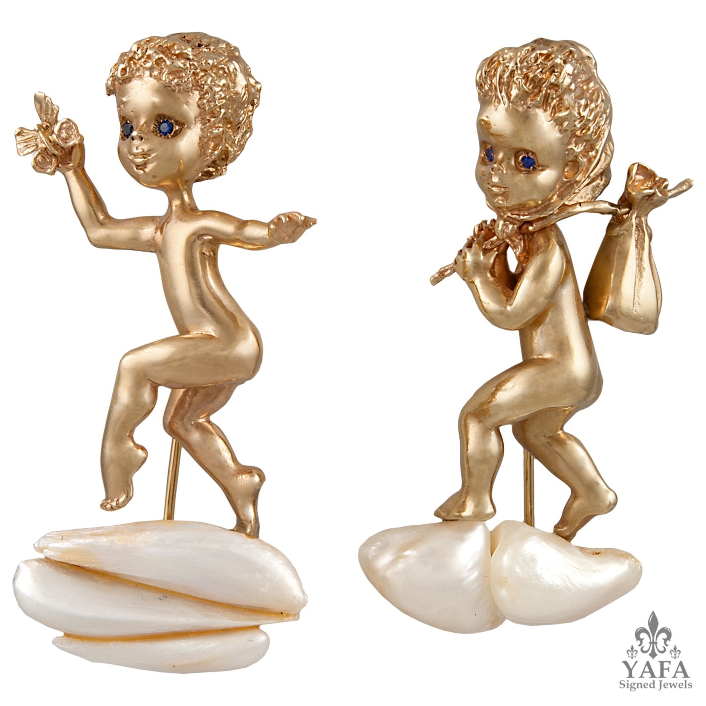 14k Gold Freshwater Pearl, Synthetic Sapphire Brooch