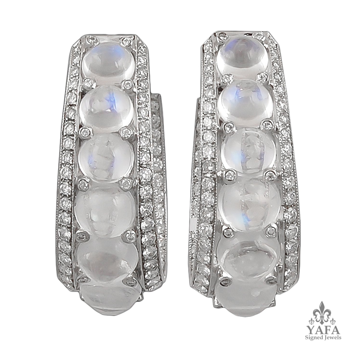 Modern Platinum Diamond, Moonstone Hoop Earrings