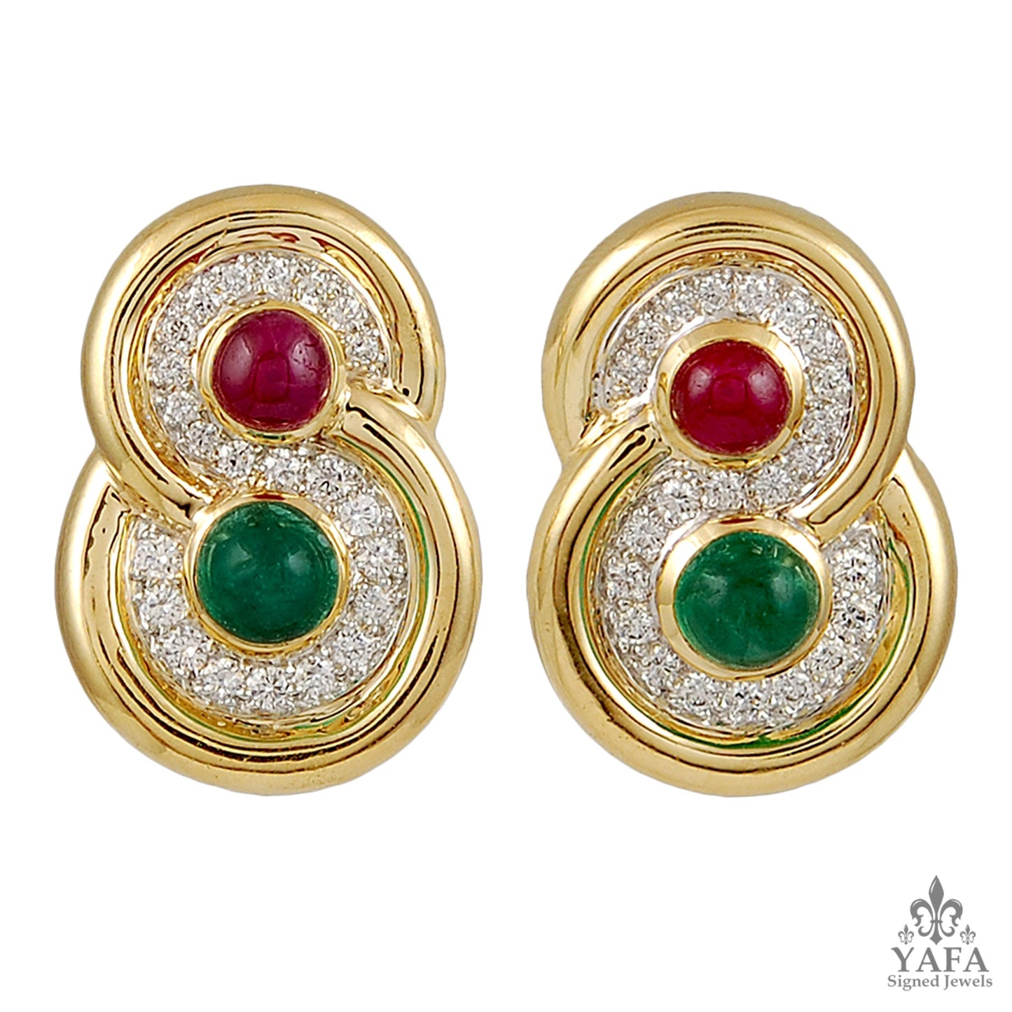 DAVID WEBB Two Tone Cabochon Ruby, Emerald, Diamond Earrings