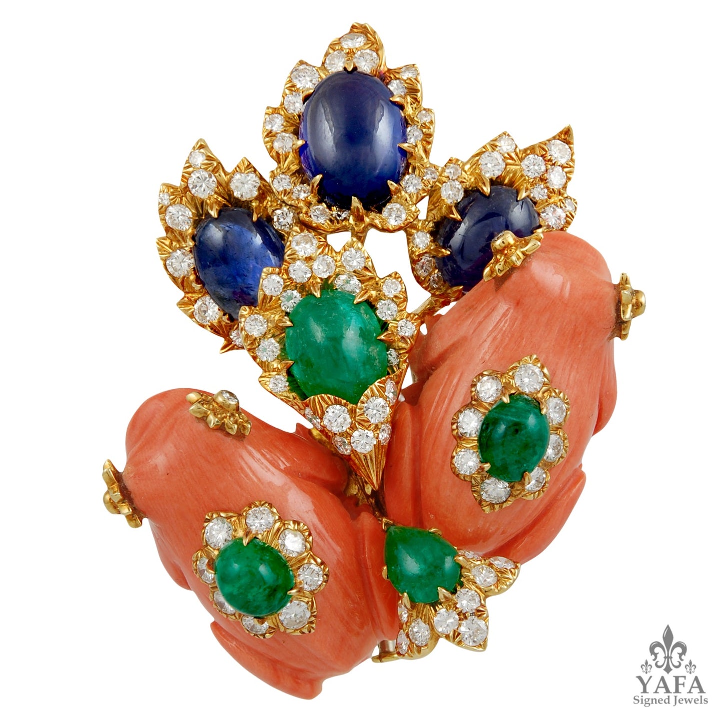 DAVID WEBB 2 Coral Frogs, Cabochon Emerald,Sapphire, Diamond Brooch