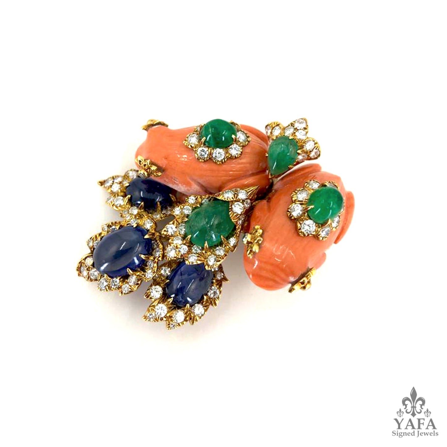 DAVID WEBB 2 Coral Frogs, Cabochon Emerald,Sapphire, Diamond Brooch