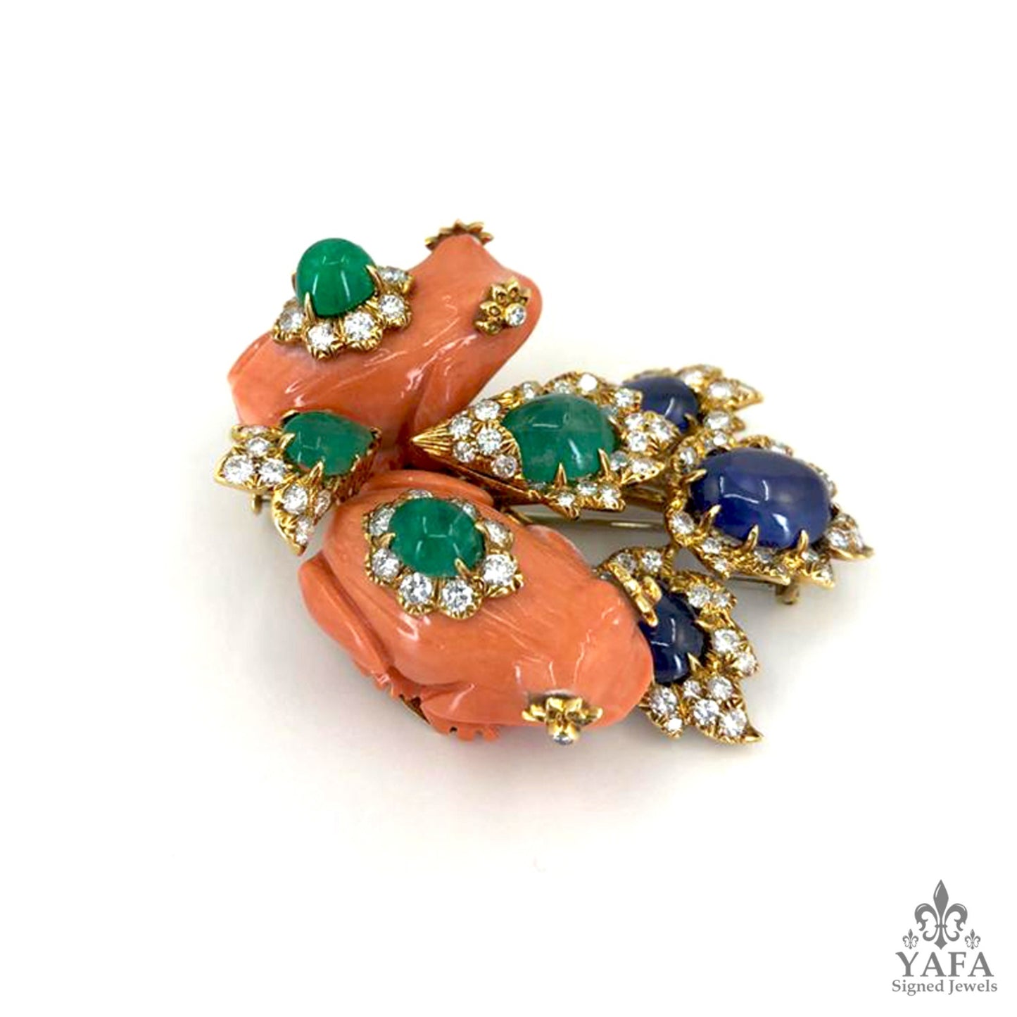 DAVID WEBB 2 Coral Frogs, Cabochon Emerald,Sapphire, Diamond Brooch