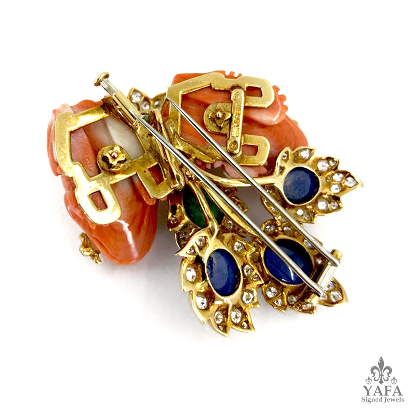 DAVID WEBB 2 Coral Frogs, Cabochon Emerald,Sapphire, Diamond Brooch
