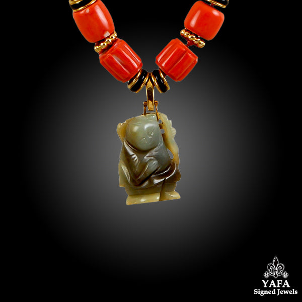 DAVID WEBB Carved Jade, Coral Beads & Black Enamel Necklace