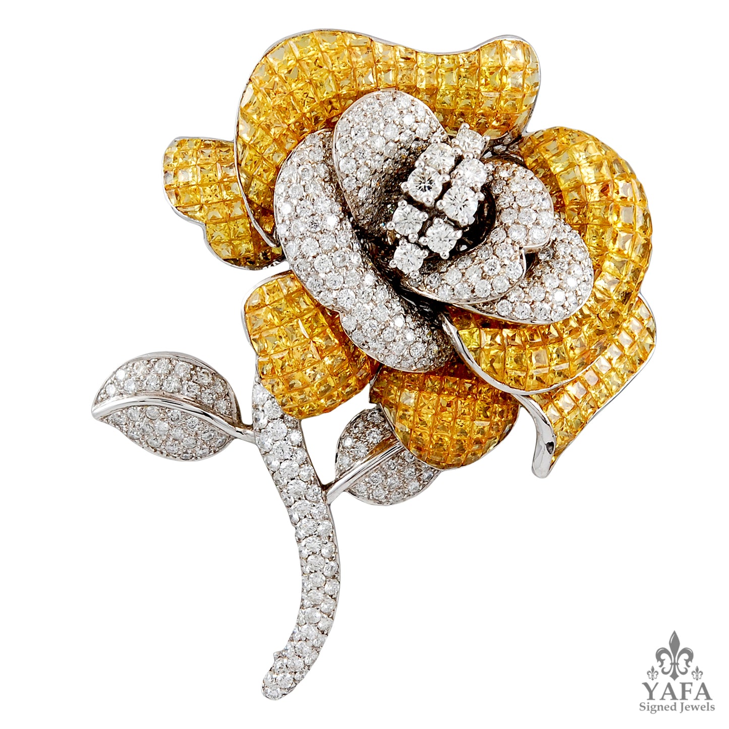 18k Gold Yellow Sapphire & Diamond Rose Brooch
