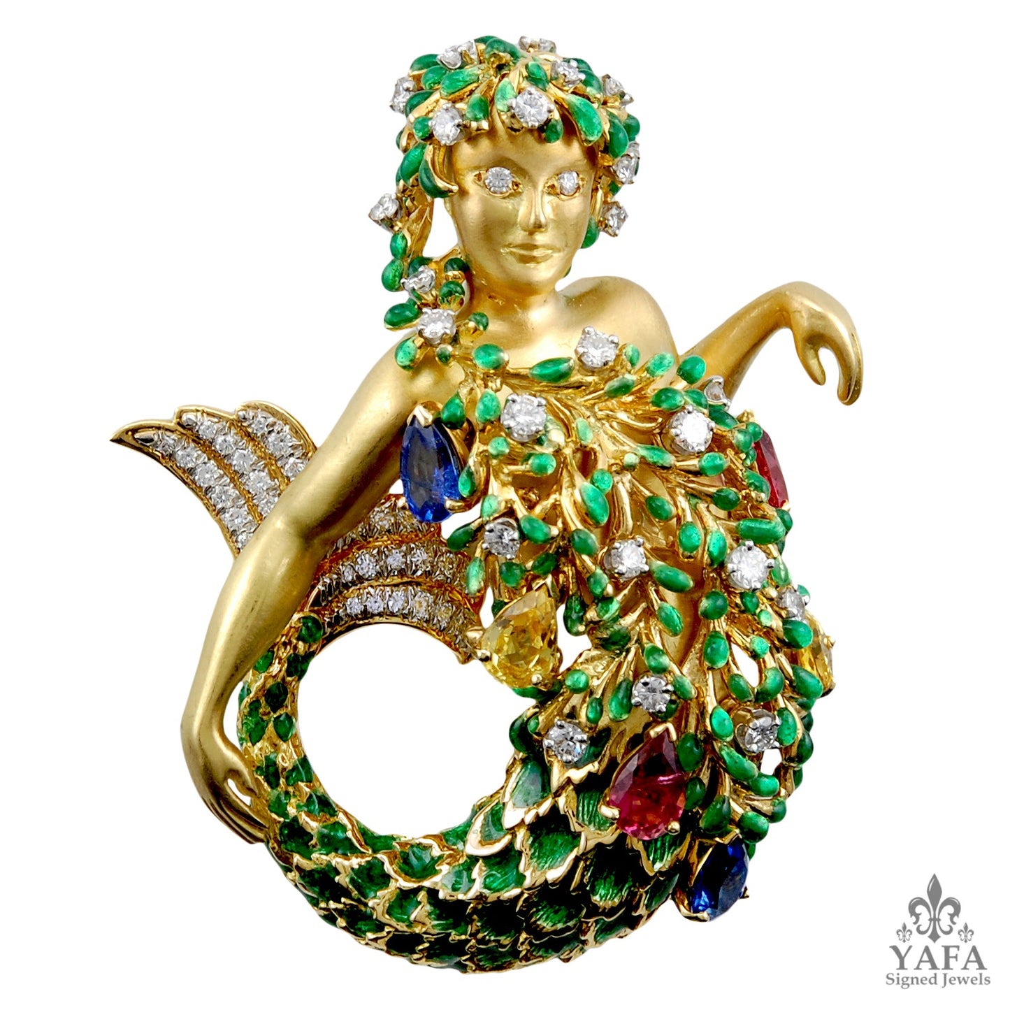 DAVID WEBB Diamond Multi-Color Sapphire & Green Enamel Mermaid Pin