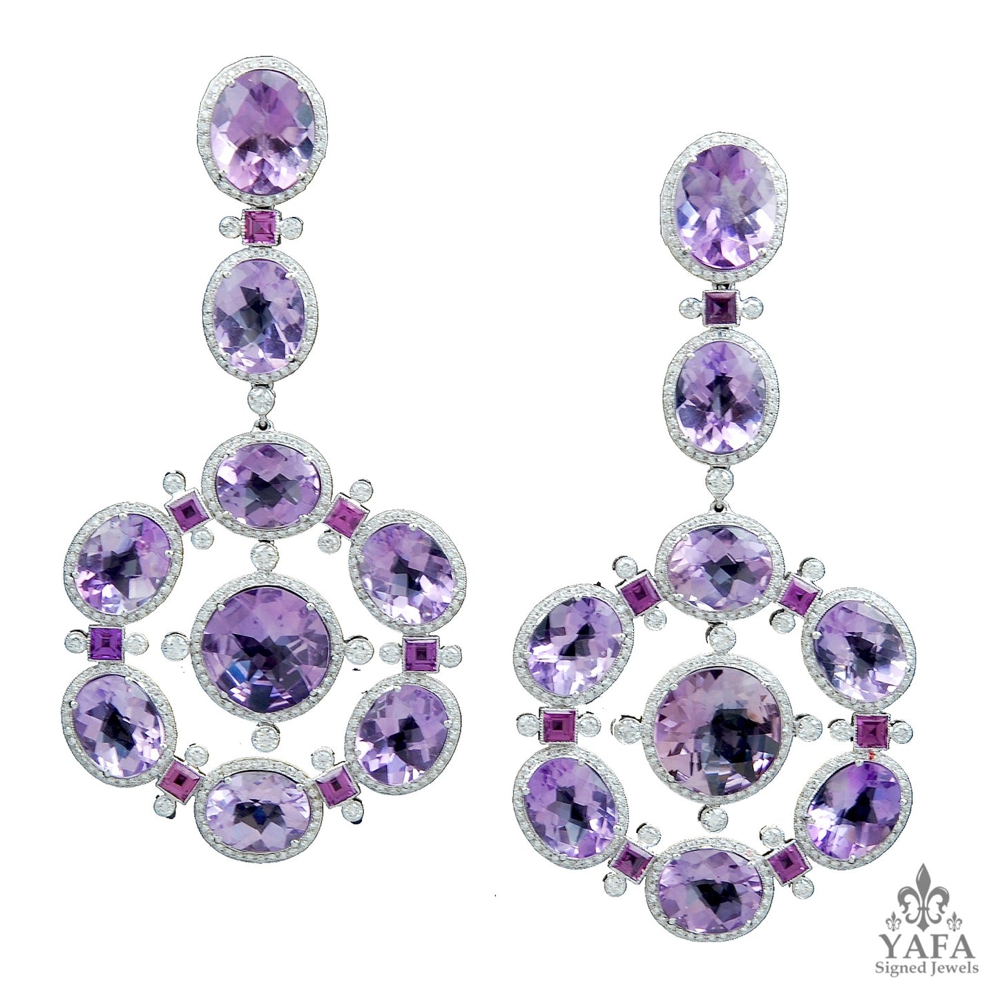 Platinum Diamond, Amethyst & Pink Sapphire Earrings