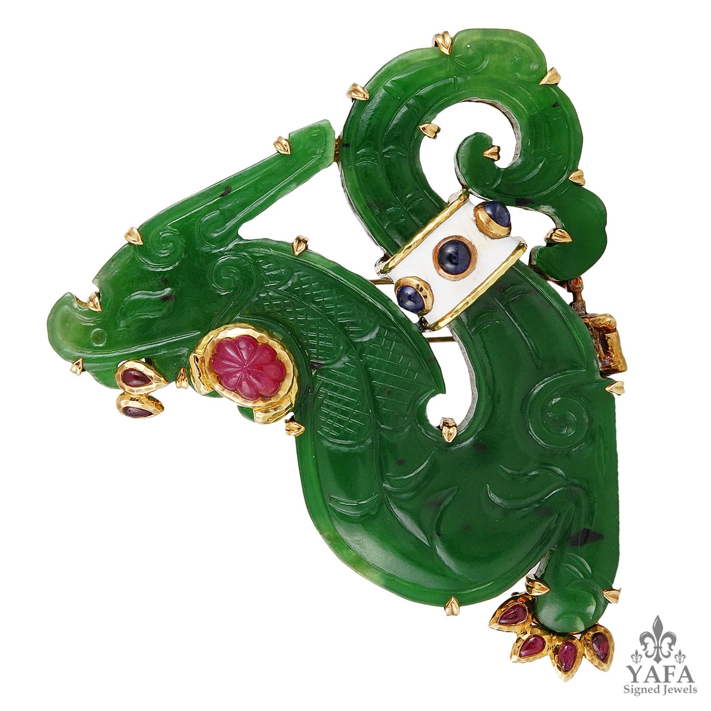 DAVID WEBB Jade,Ruby Sapphire Brooch Pendant