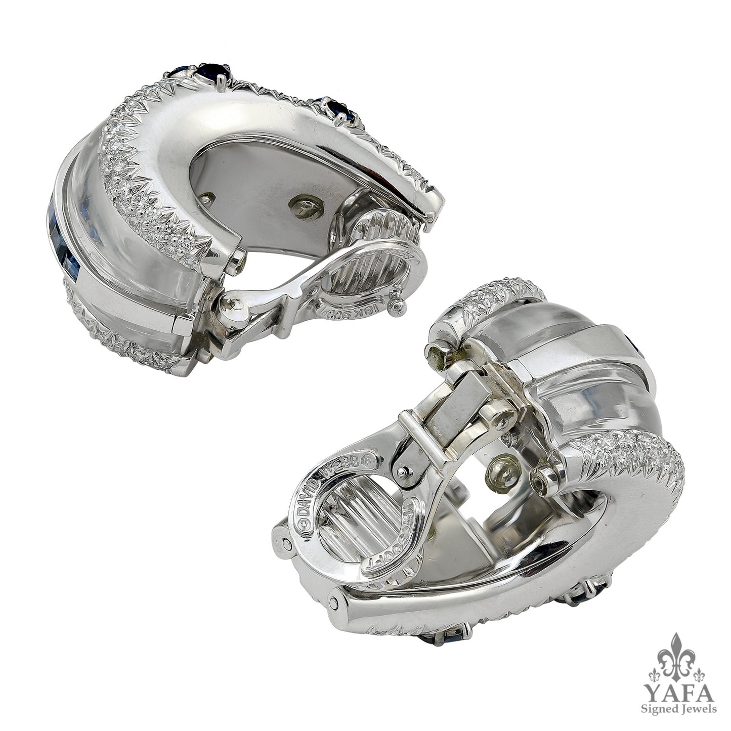 DAVID WEBB Carved Rock Crystal, Sapphire, & Diamond Earrings