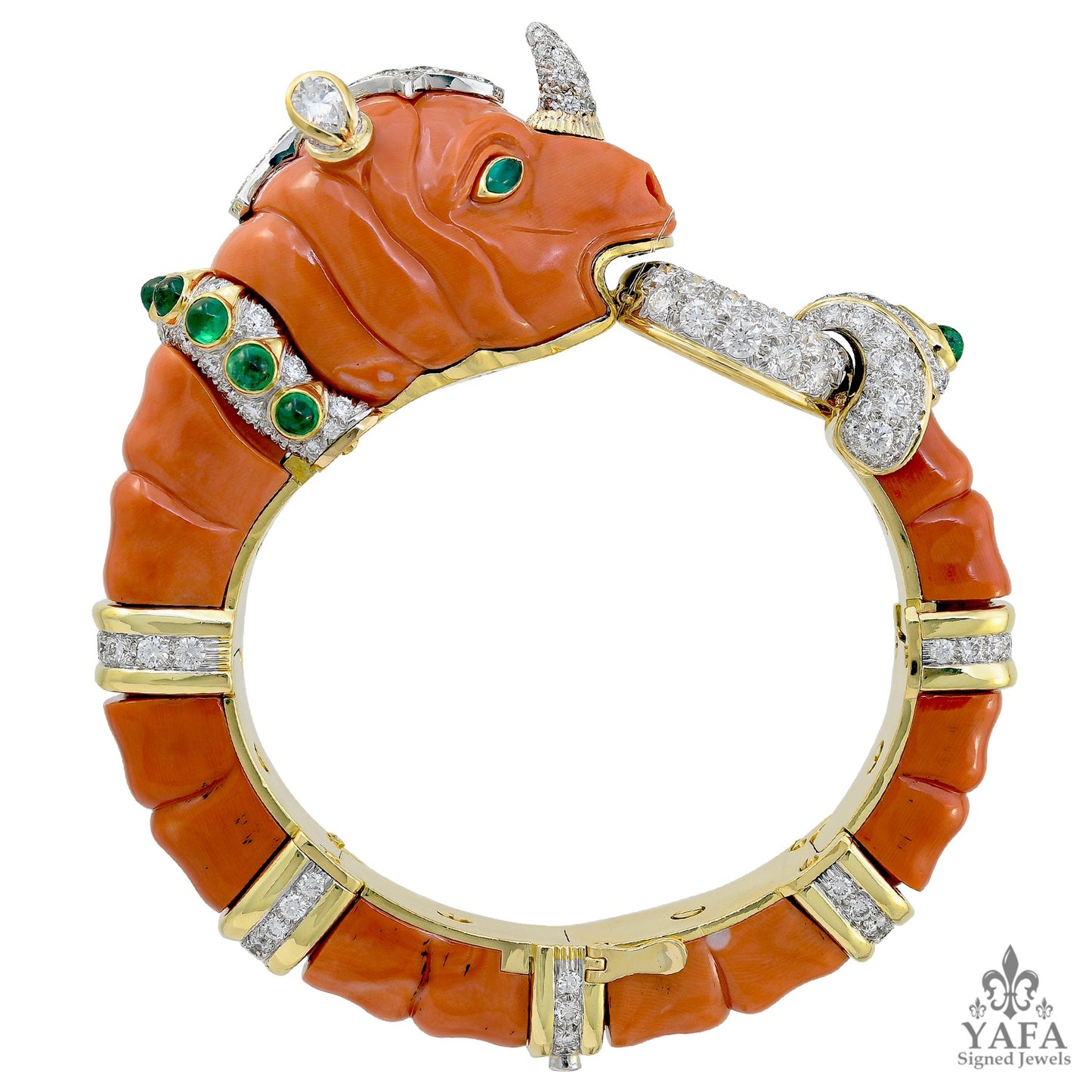 DAVID WEBB Carved Coral, Emerald, Diamond Rhino Bracelet