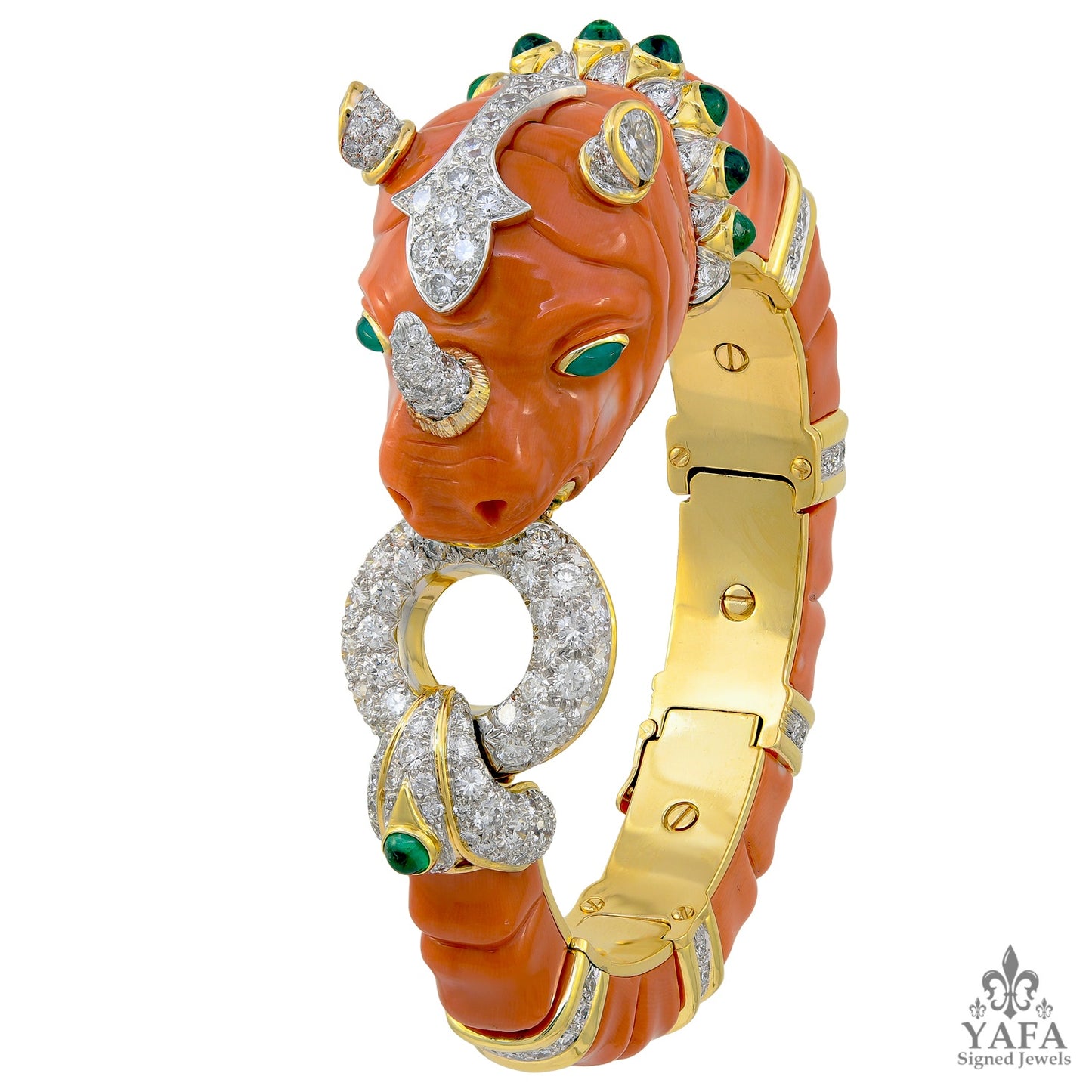 DAVID WEBB Carved Coral, Emerald, Diamond Rhino Bracelet