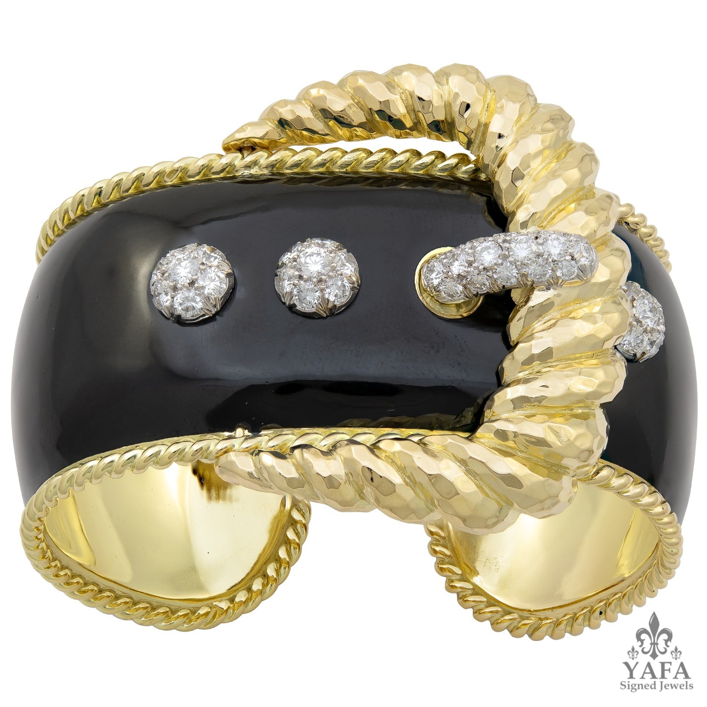 DAVID WEBB Black Enamel, Diamond Buckle Cuff Bracelet