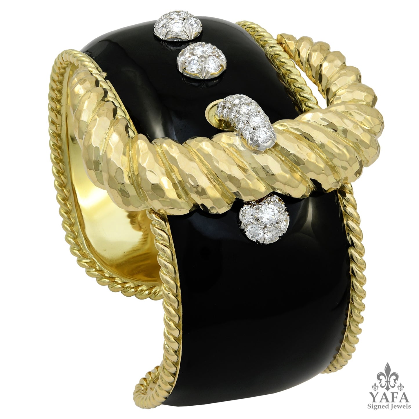 DAVID WEBB Black Enamel, Diamond Buckle Cuff Bracelet