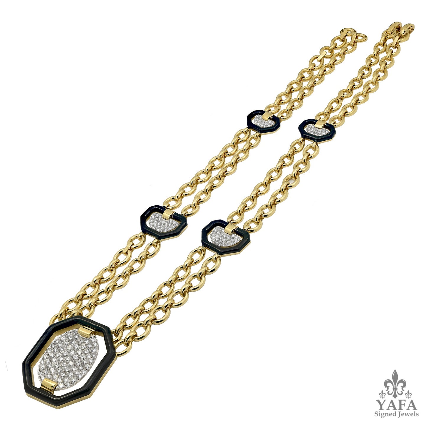 DAVID WEBB Diamond, Black Enamel Link Pendant Necklace