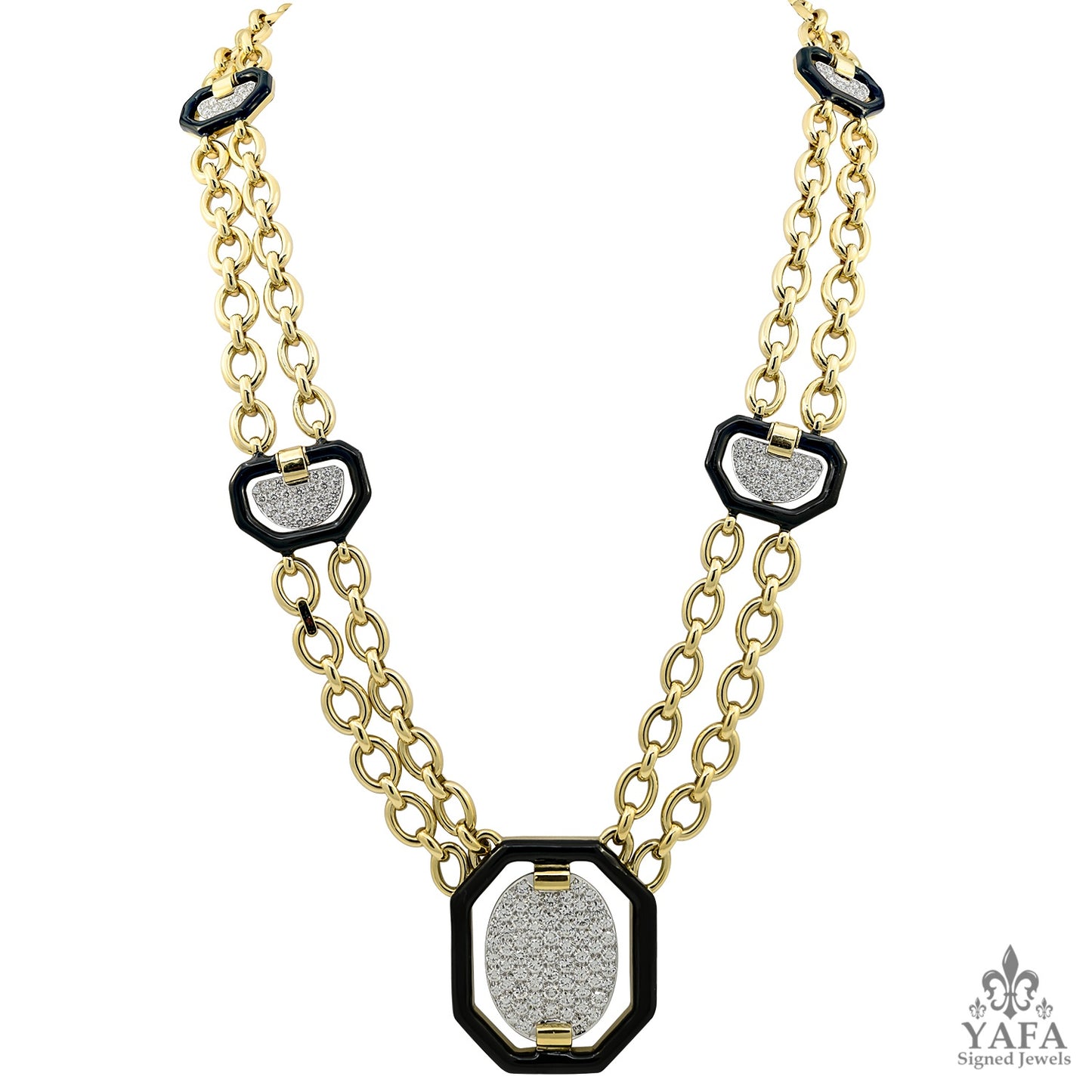 DAVID WEBB Diamond, Black Enamel Link Pendant Necklace