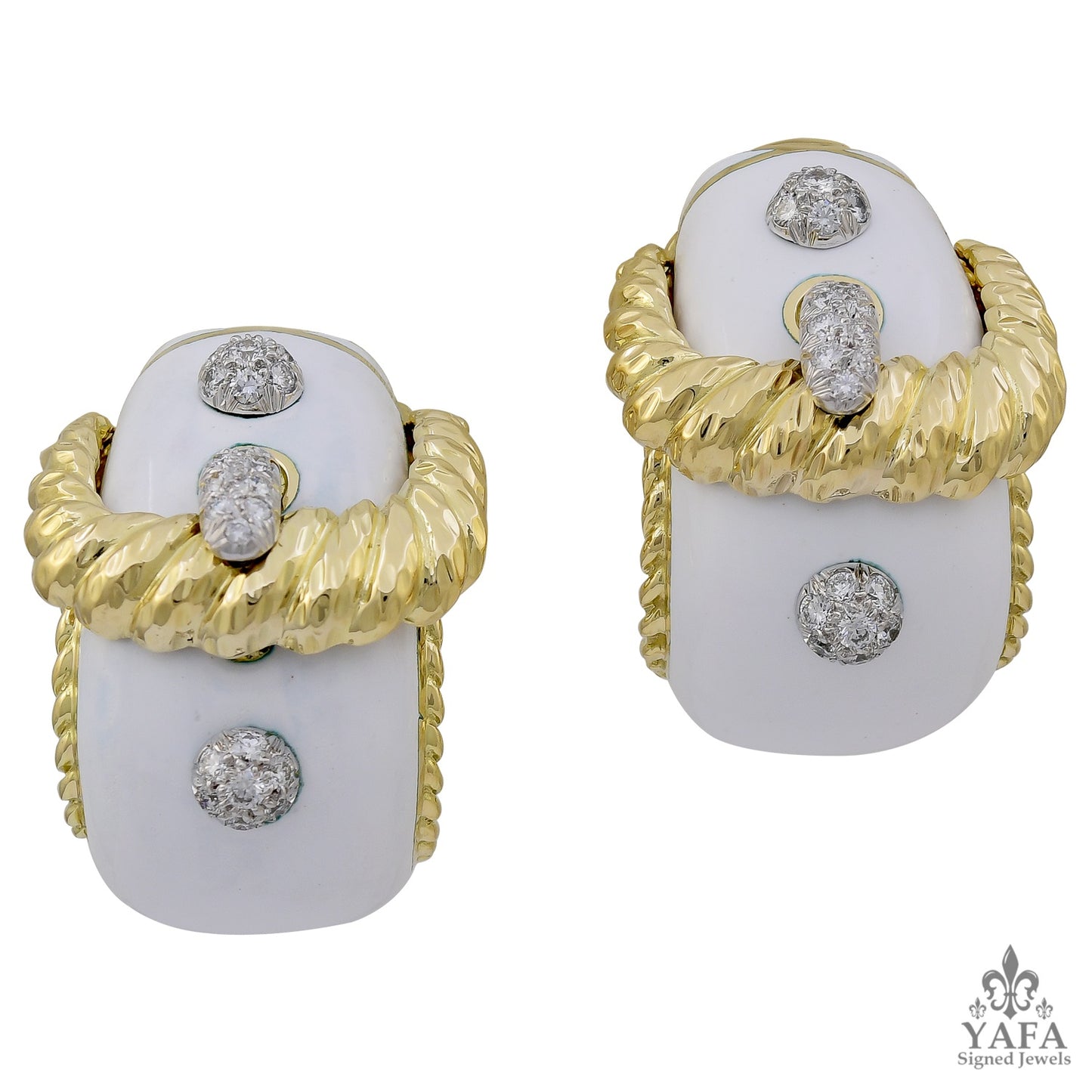 DAVID WEBB White Enamel Diamond Buckle Earrings