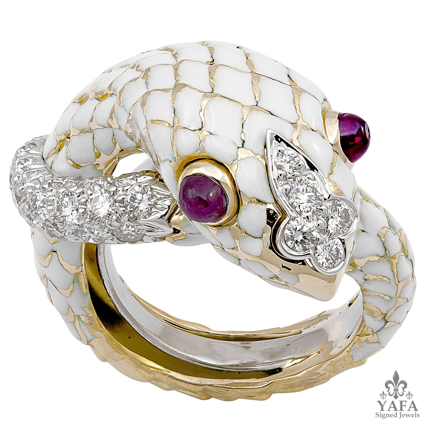 DAVID WEBB Cabochon Ruby, White Enamel Snake Ring
