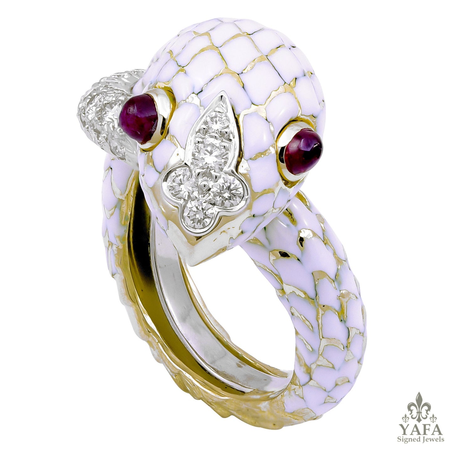 DAVID WEBB Cabochon Ruby, White Enamel Snake Ring