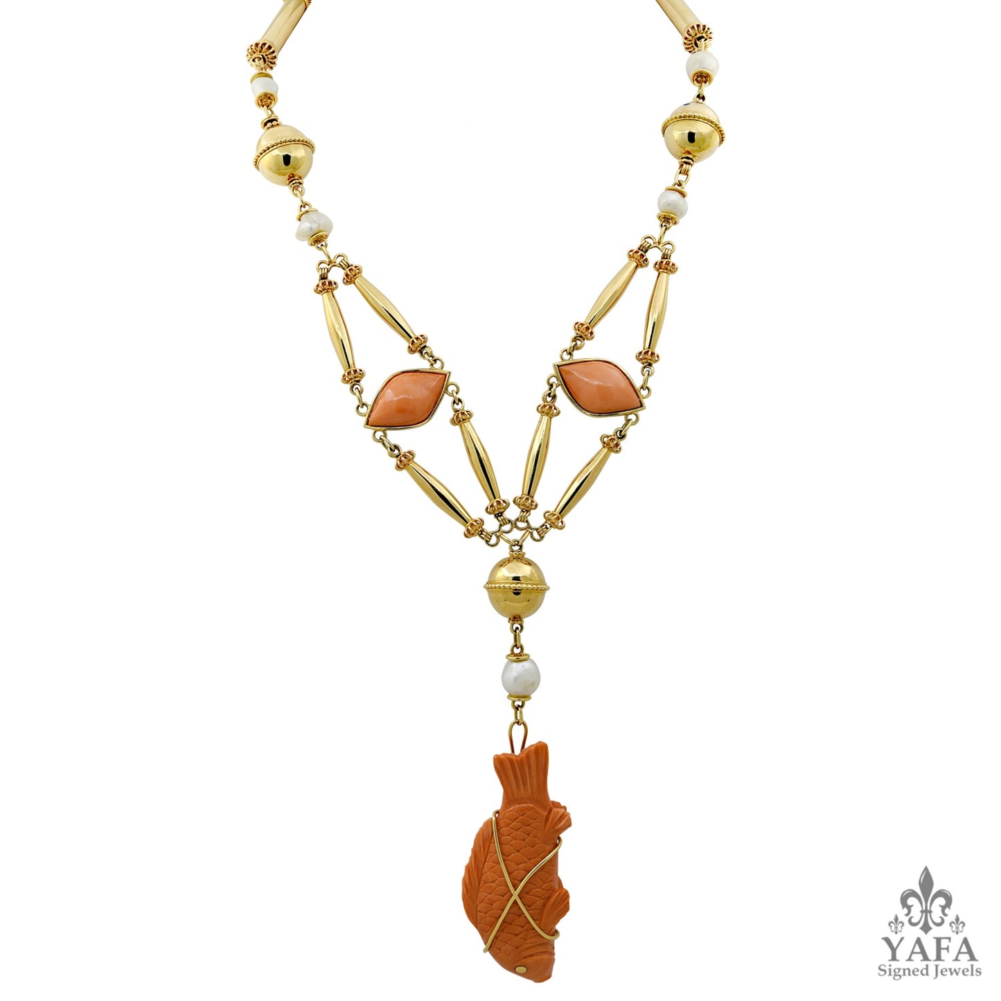 CARTIER Cabochon Carved Coral Fish Necklace