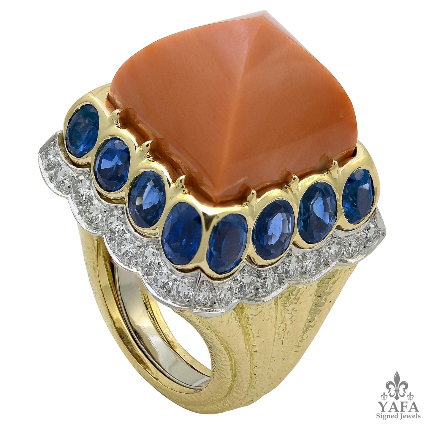 DAVID WEBB Sugar Loaf Coral, Sapphire, Diamond Ring