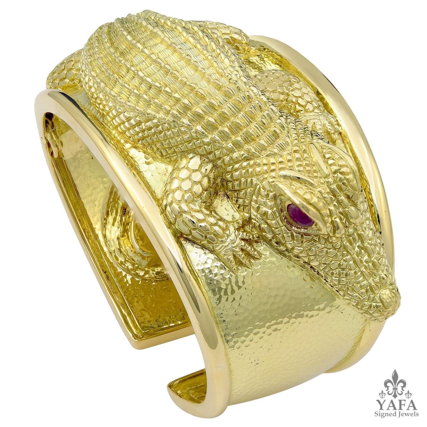 DAVID WEBB Cabochon Ruby Repousse Alligator Bracelet