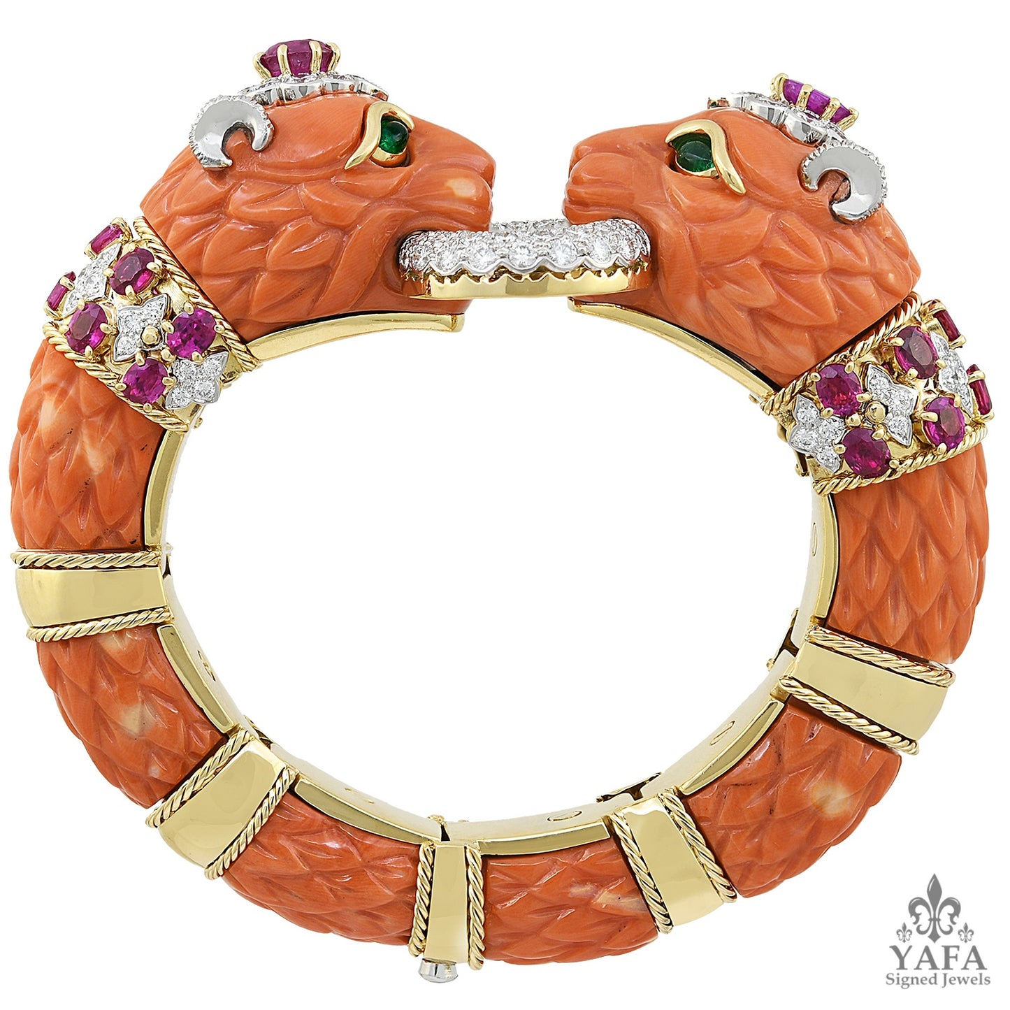 DAVID WEBB Carved Coral, Emerald, Ruby, Diamond Twin Lion Bracelet