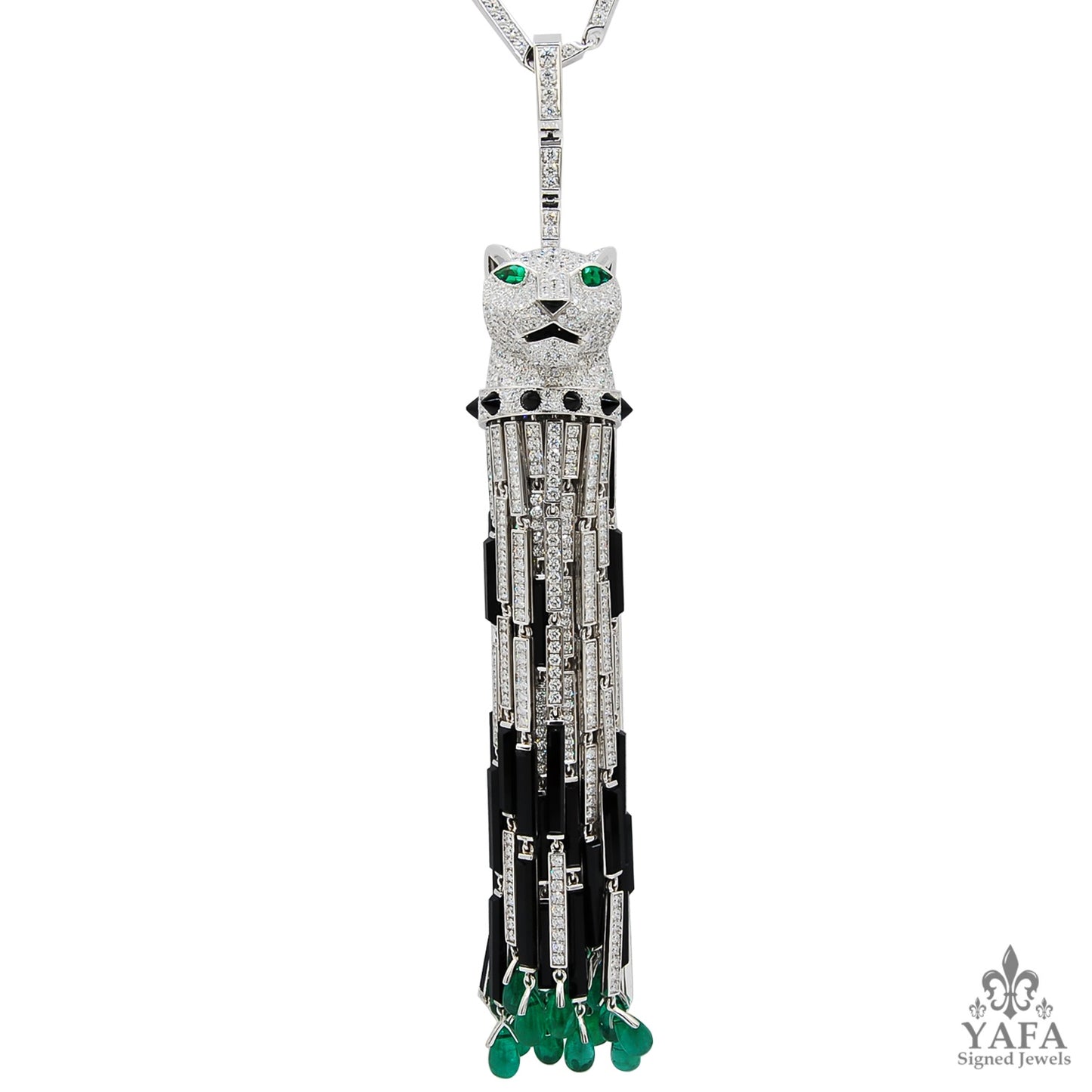 CARTIER Diamond, Onyx, Emerald Panther Tassel Necklace