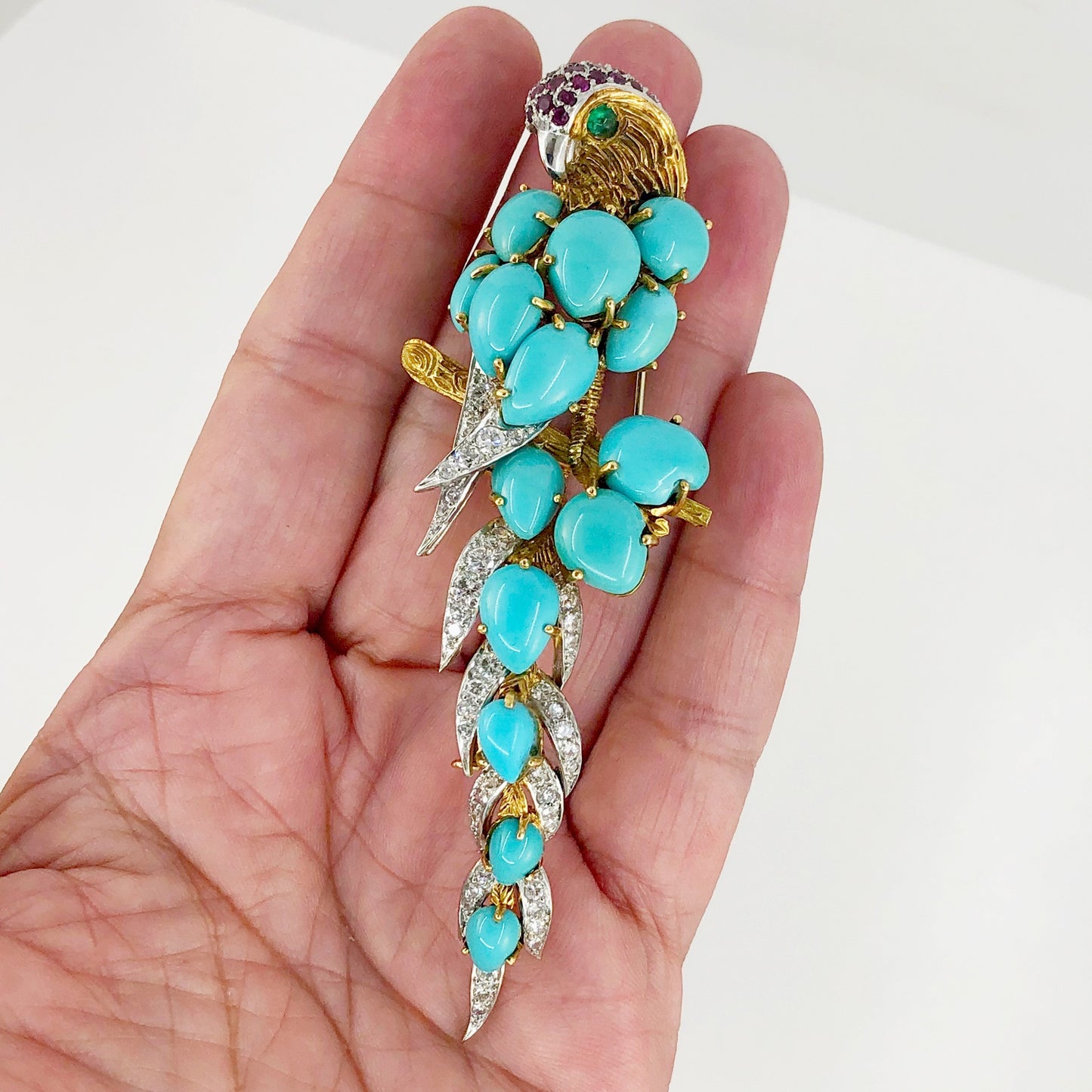 CARTIER Turquoise, Diamond, Emerald Bird Brooch