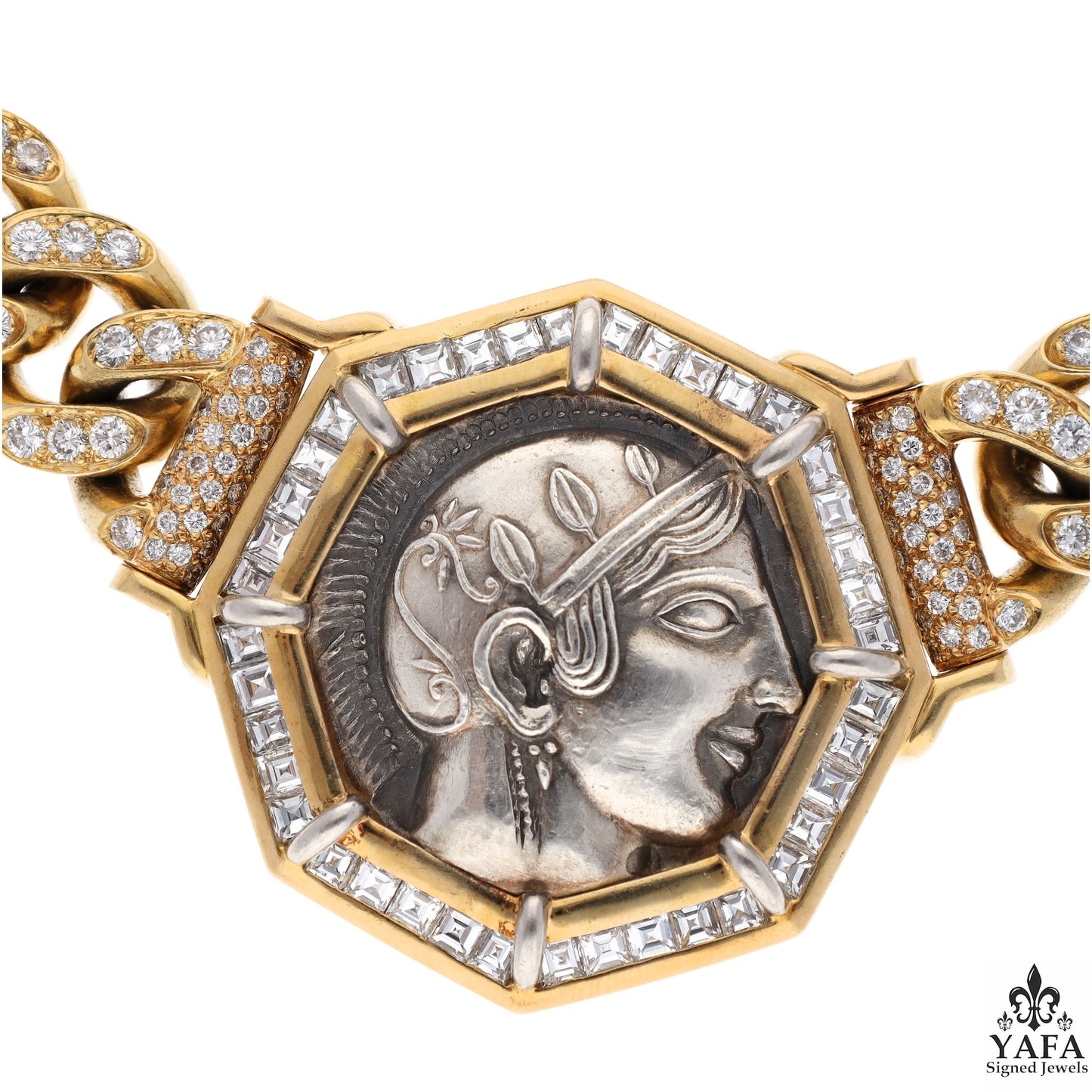 BULGARI Rome Vintage Ancient Greek Coin Full Diamond Set Gold Curb Link Necklace