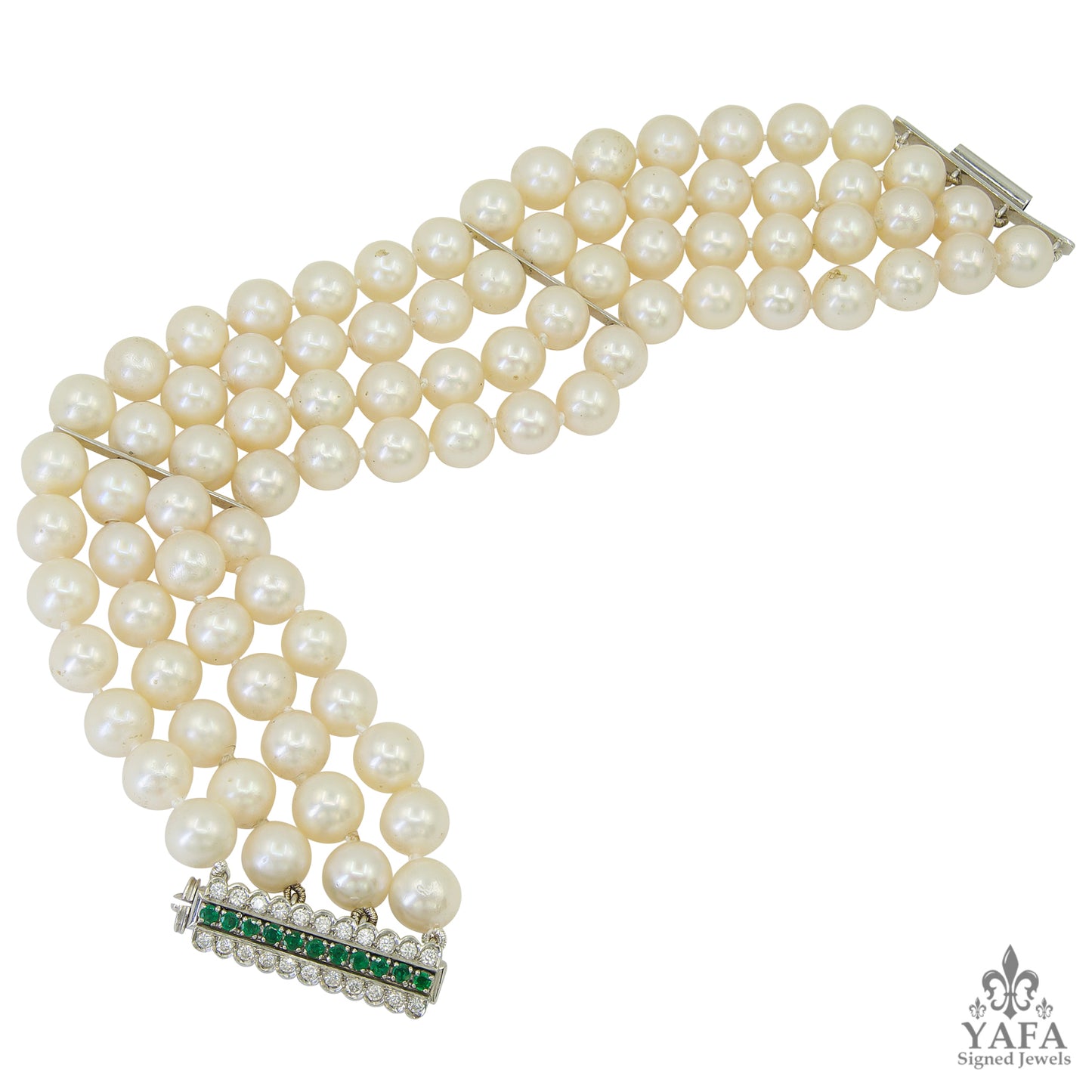 Four Row Pearl, Diamond Emerald Bracelet