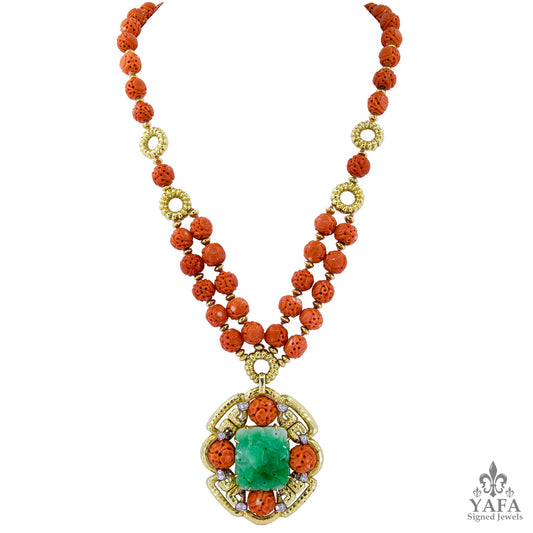 VAN CLEEF & ARPELS Carved Coral Beads, Jade, Diamond Necklace