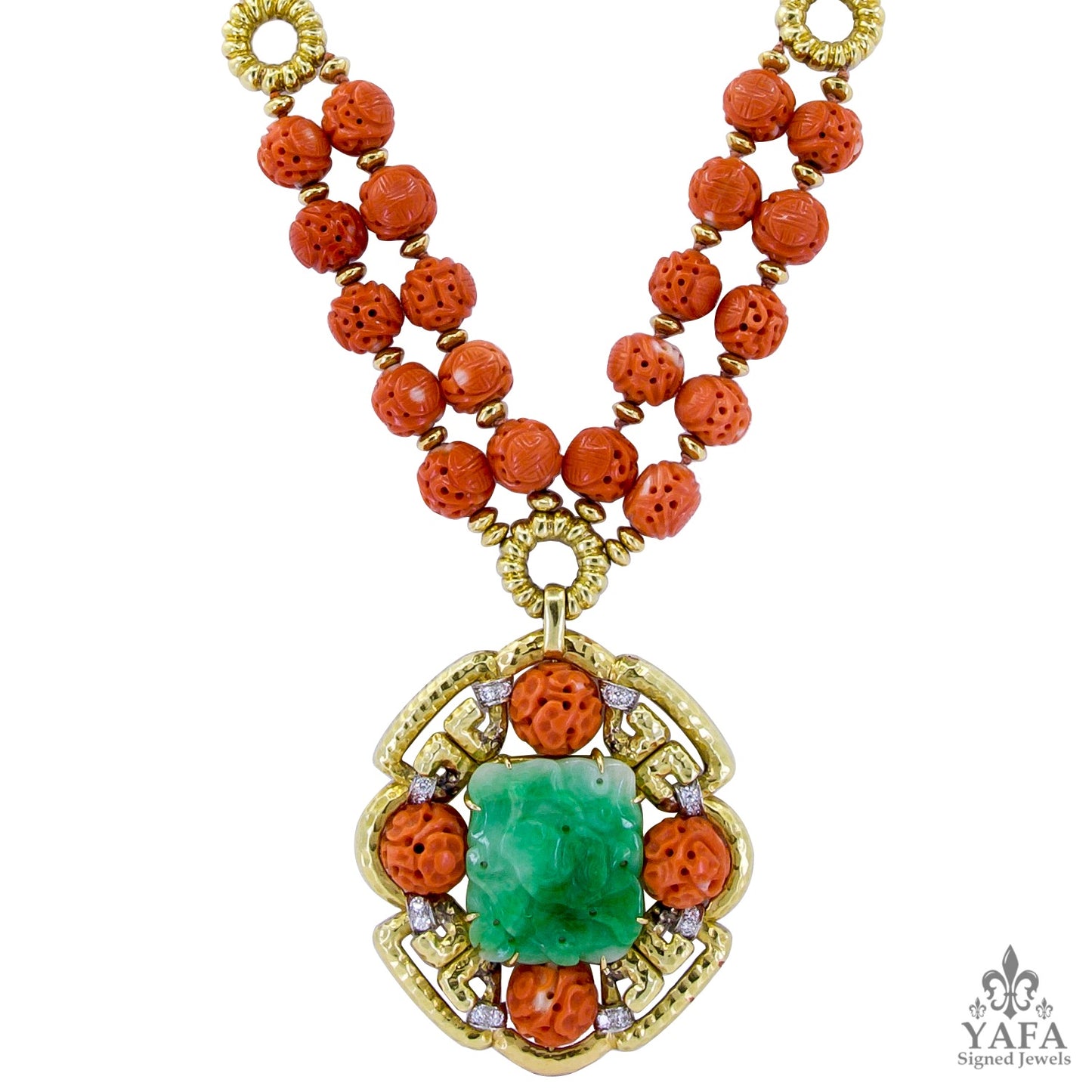 VAN CLEEF & ARPELS Carved Coral Beads, Jade, Diamond Necklace