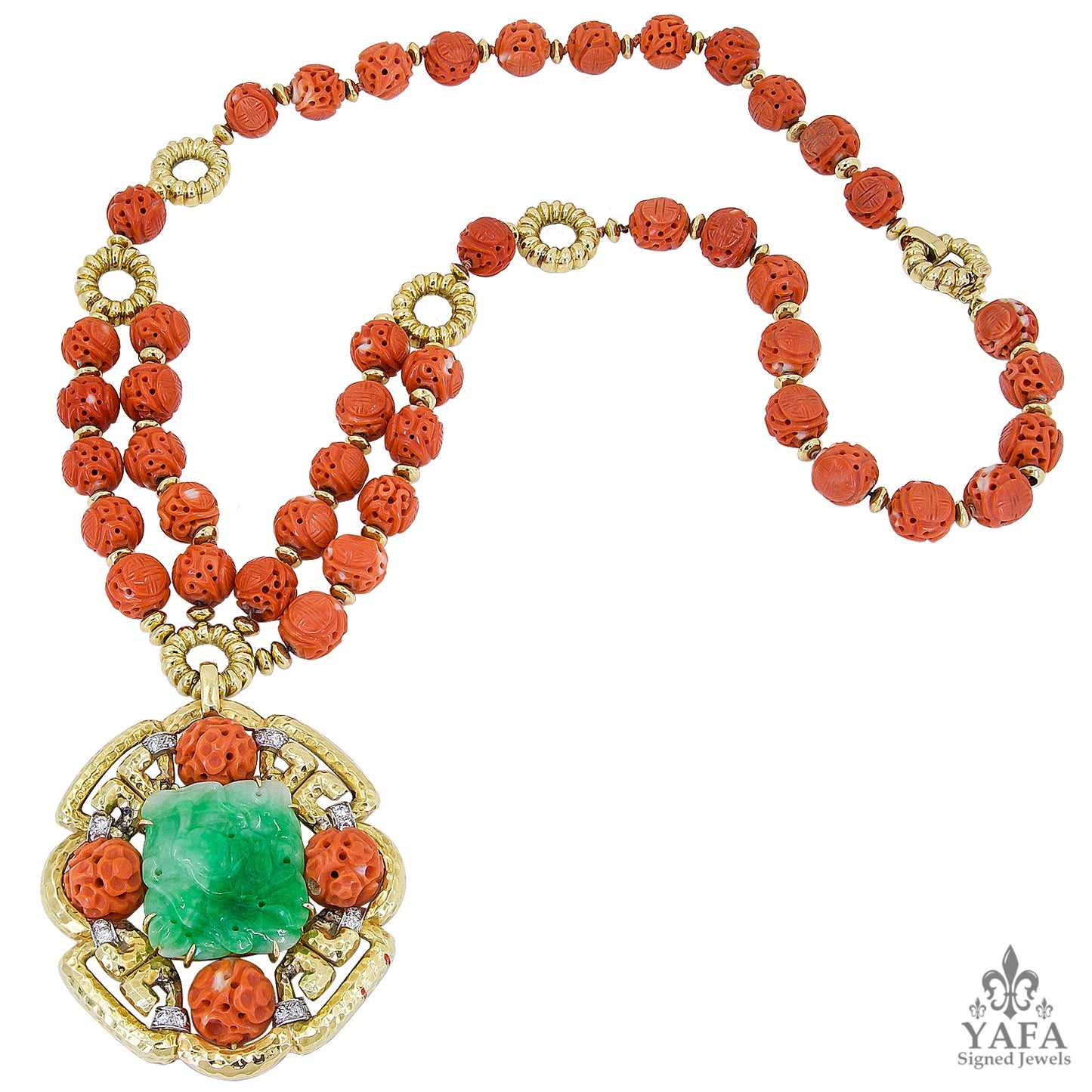 VAN CLEEF & ARPELS Carved Coral Beads, Jade, Diamond Necklace