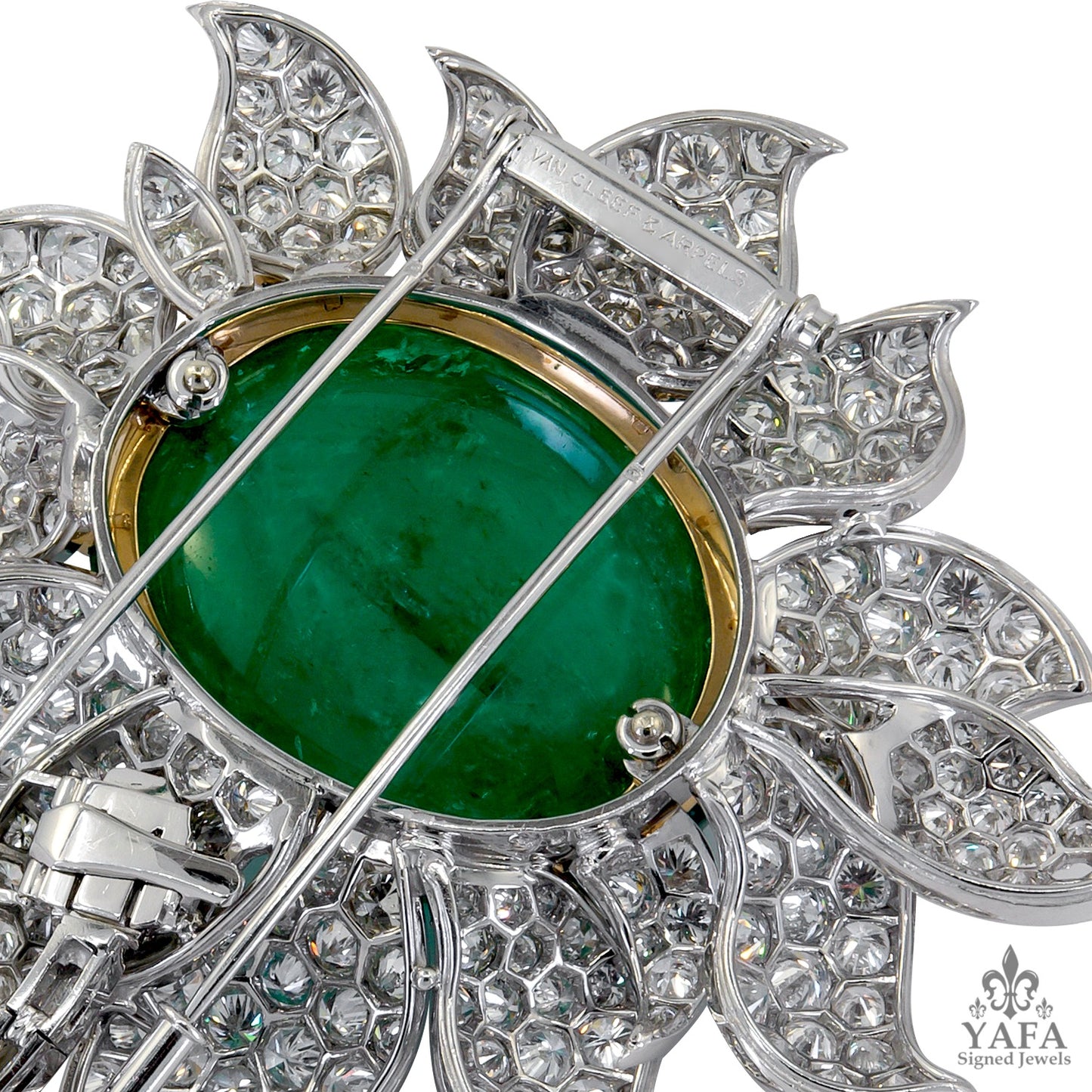 VAN CLEEF & ARPELS Diamond, Cabochon Emerald Brooch