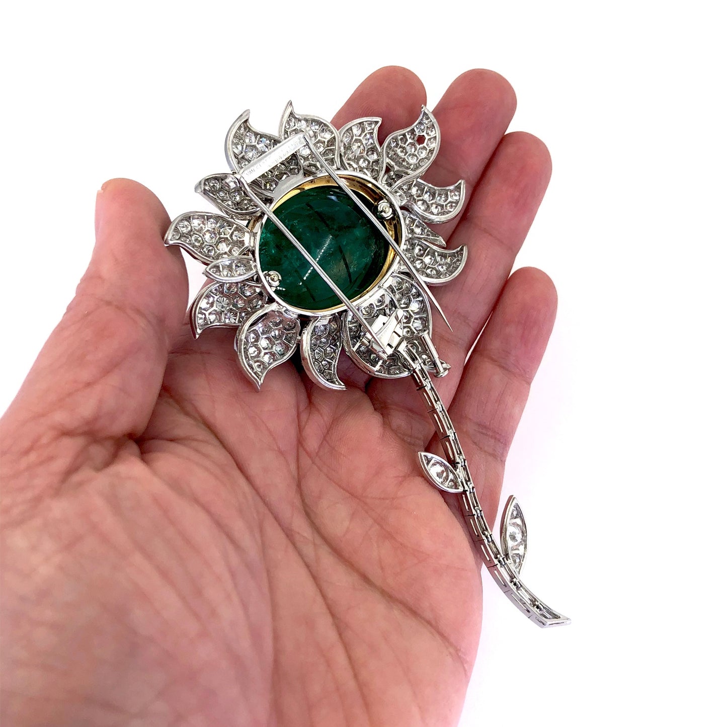 VAN CLEEF & ARPELS Diamond, Cabochon Emerald Brooch