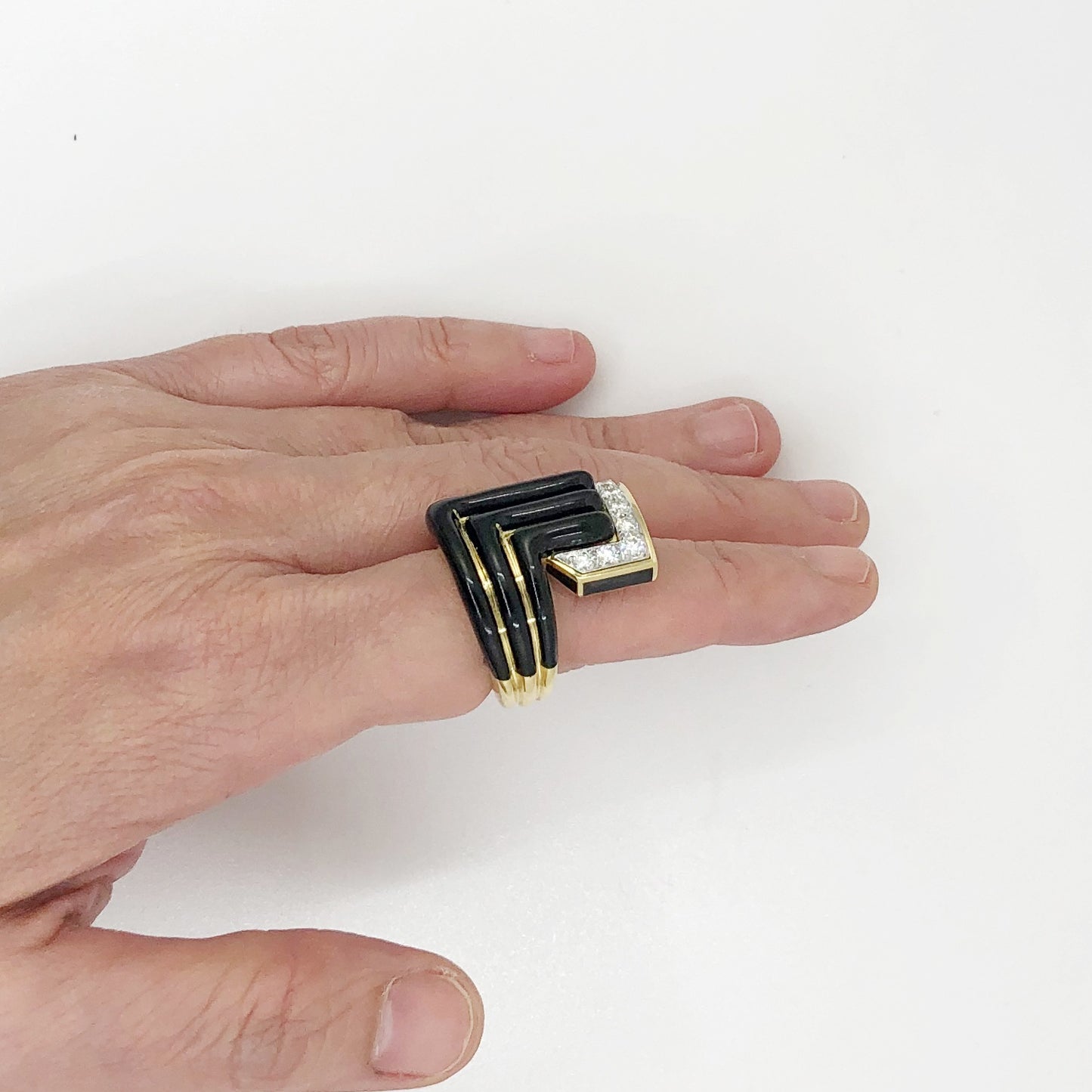 DAVID WEBB Diamond Black Enamel Stella Stripe Ring