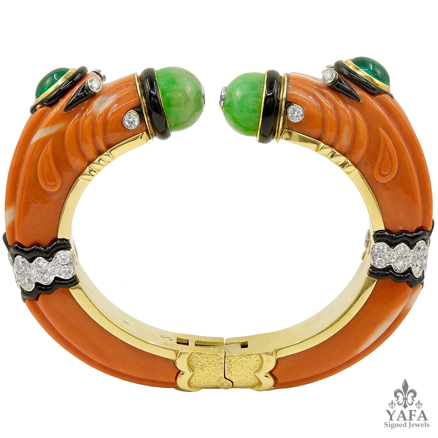 DAVID WEBB Carved Coral, Jade, Emerald, Diamond Chimera Bracelet