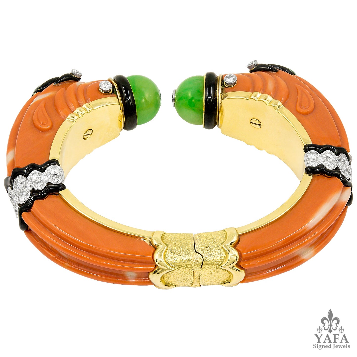DAVID WEBB Carved Coral, Jade, Emerald, Diamond Chimera Bracelet