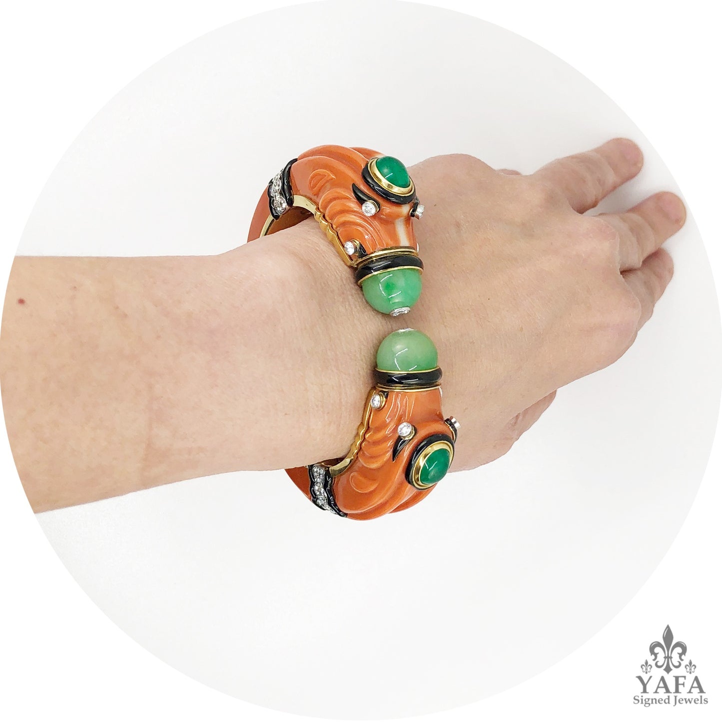 DAVID WEBB Carved Coral, Jade, Emerald, Diamond Chimera Bracelet