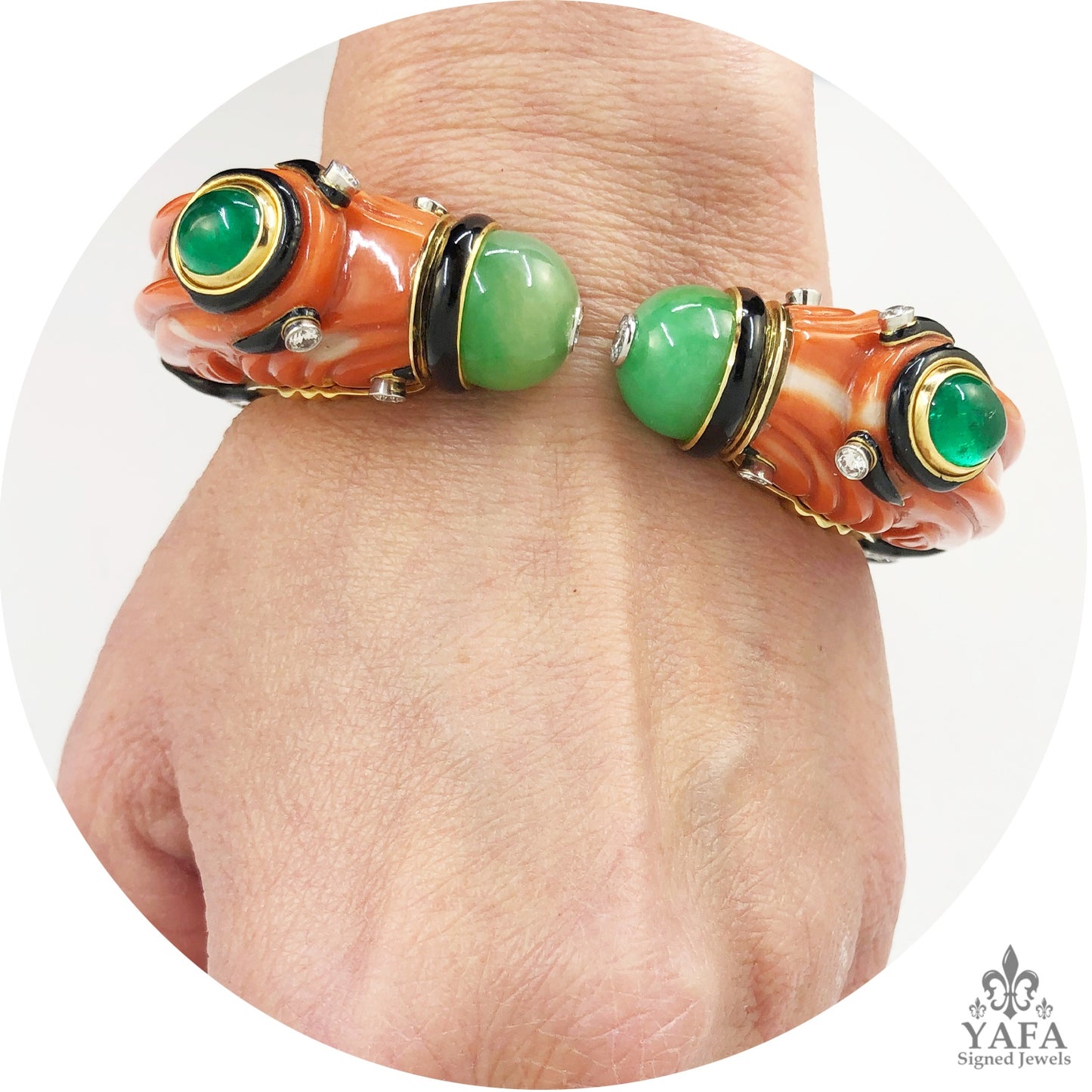 DAVID WEBB Carved Coral, Jade, Emerald, Diamond Chimera Bracelet