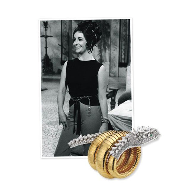 Elizabeth Taylor on the set of Cleopatra (early 1960s) wearing a Bulgari Serpenti bracelet-watch. Image: Analog:Shift / Watchonista.