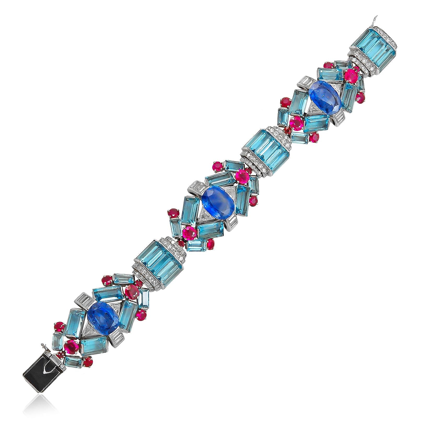 Vintage Platinum Aquamarine, Sapphire, Ruby and Diamond Art Deco Bracelet