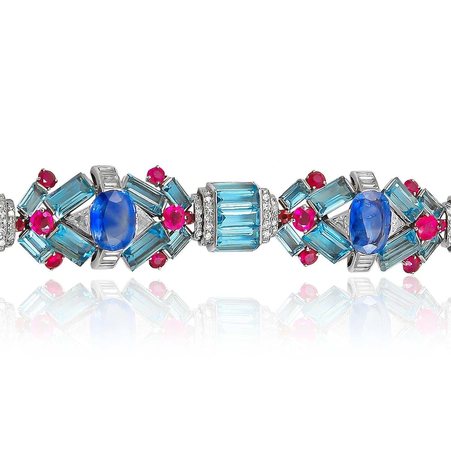 Vintage Platinum Aquamarine, Sapphire, Ruby and Diamond Art Deco Bracelet