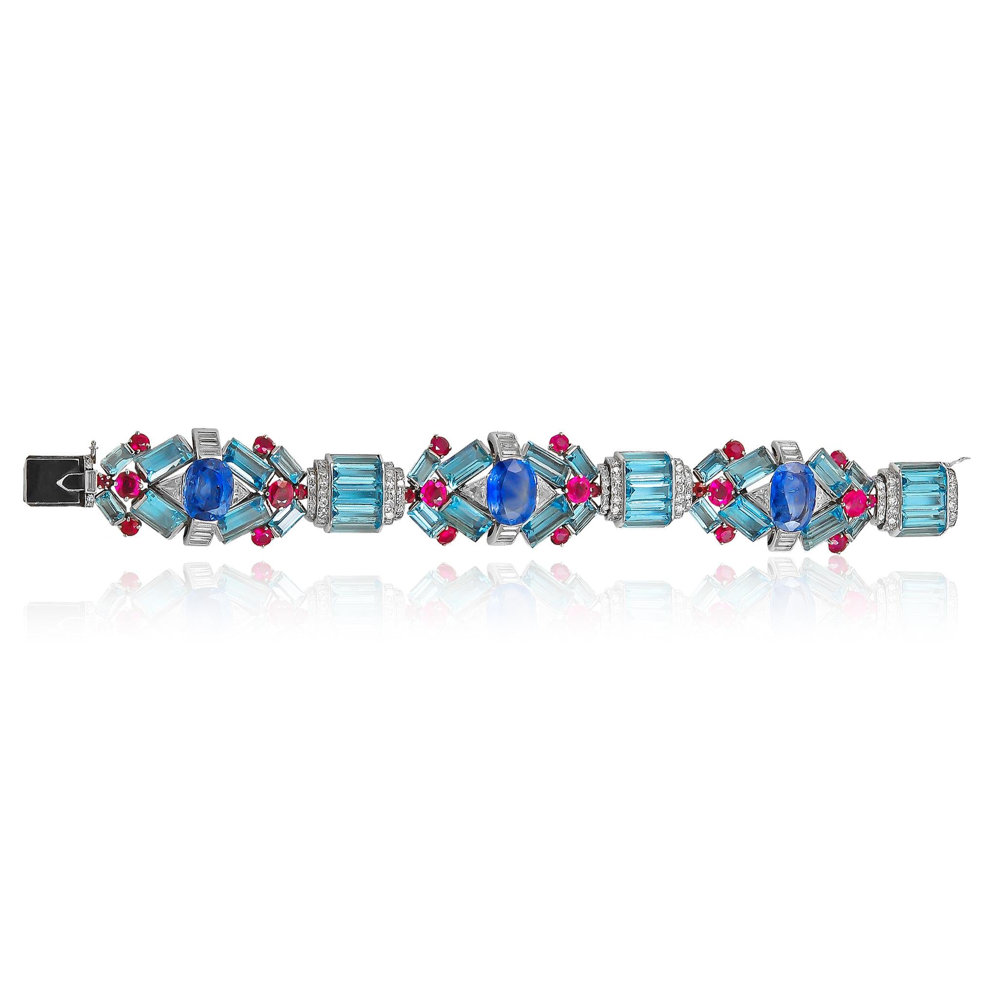Vintage Platinum Aquamarine, Sapphire, Ruby and Diamond Art Deco Bracelet
