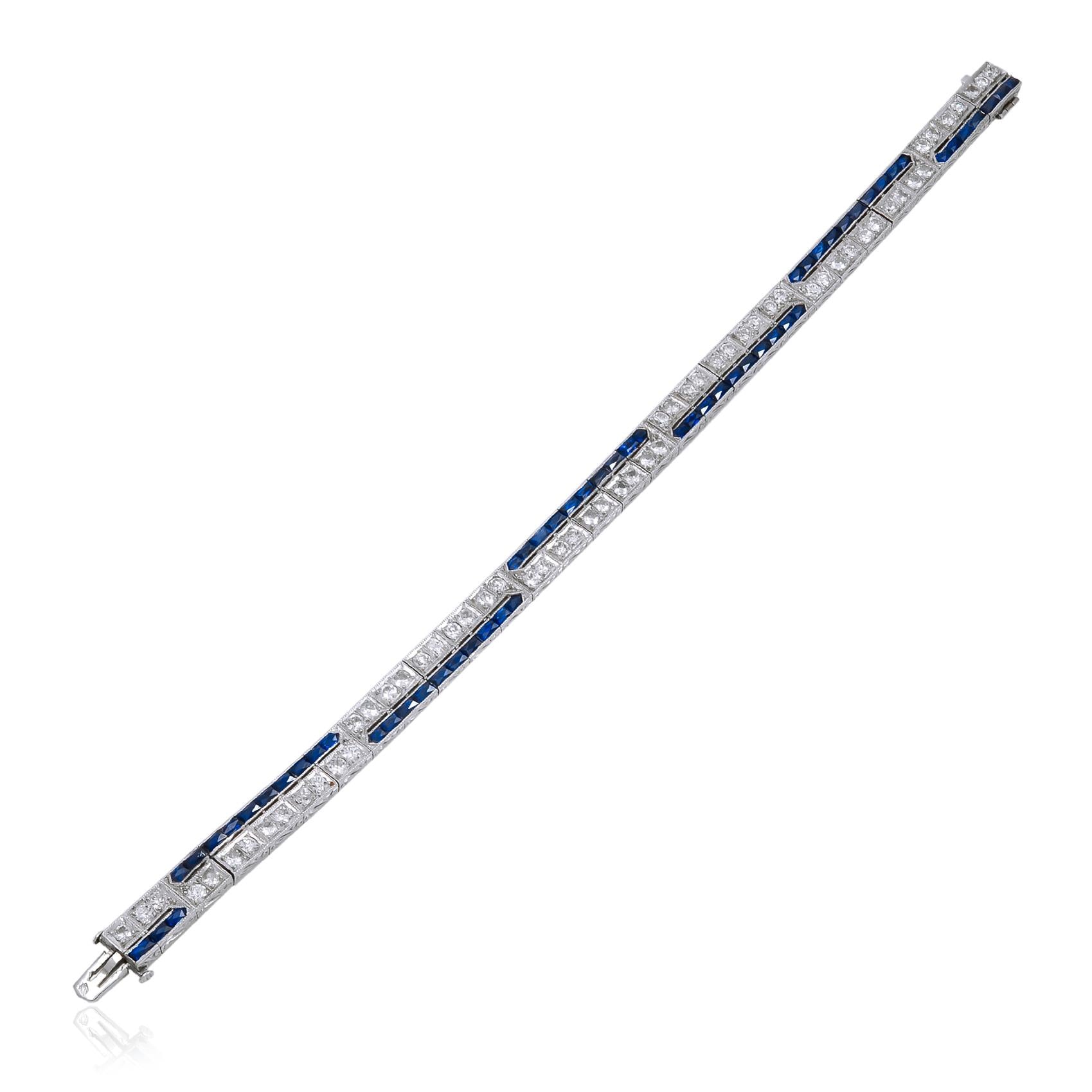 VAN CLEEF & ARPELS Platinum, Diamond & Sapphire Art Deco Straight Line Bracelet